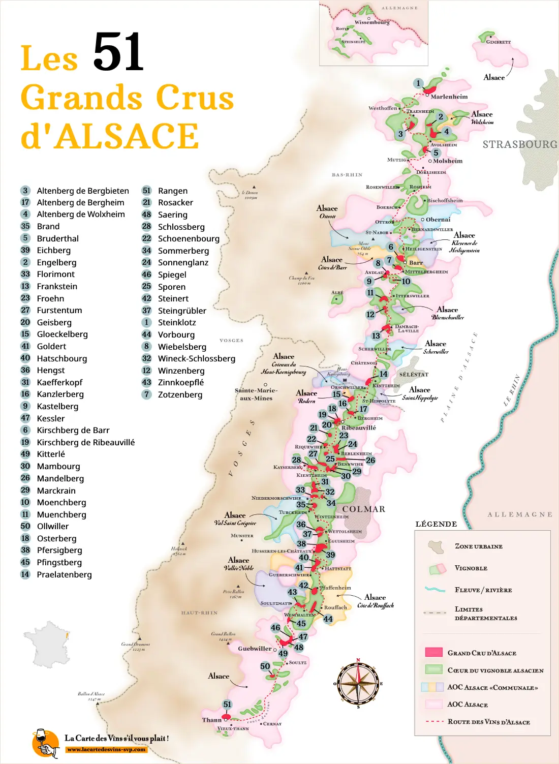 Carte des 51 Grands Crus d'Alsace